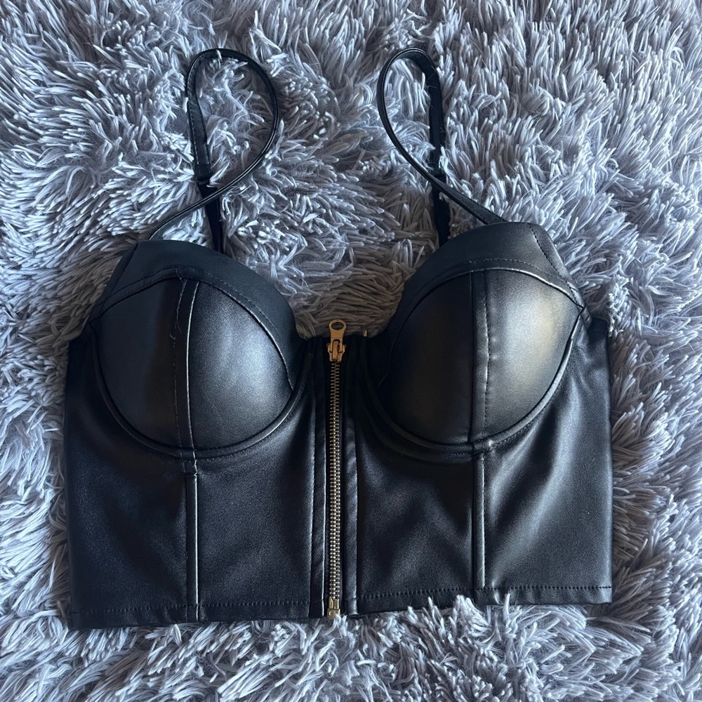 Black Faux Leather Bustier Top S